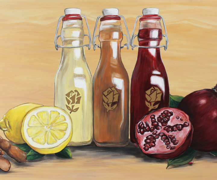 Leckerer Granatapfelsaft oder lieber frischen Zitronensaft? [Wandmalerei]